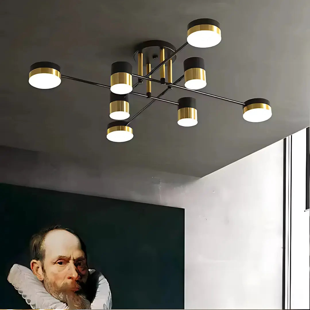 Lustra LED cu Telecomanda MARIO, 56W, 8 Elemente, Lumina Rece/Calda/Neutra, Dimabila, Negru/Auriu – RegalStore