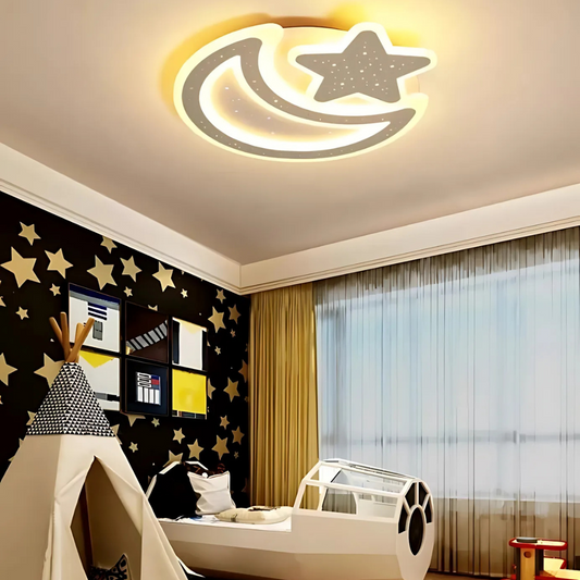 Lustra LED Nova cu Telecomanda, 91W, Dimabil, Forma Luna si Stea, Alb