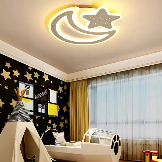 Lustra LED Nova cu Telecomanda, 91W, Dimabil, Forma Luna si Stea, Alb