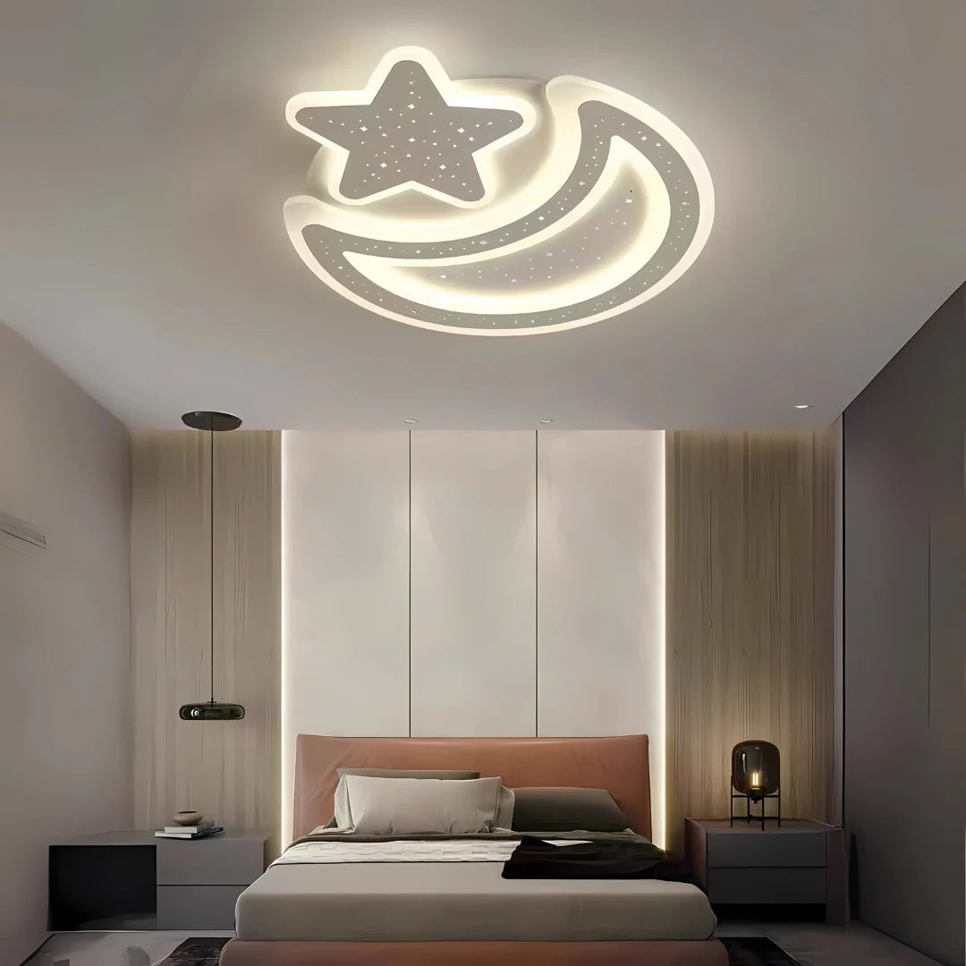 Lustra LED Nova cu Telecomanda, 91W, Dimabil, Forma Luna si Stea, Alb