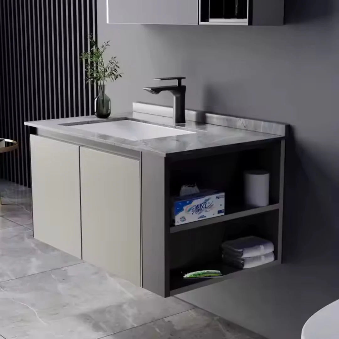 Set Mobilier pentru Baie ZAKYNTHOS, 80cm, 2 Piese, Gri si Crem