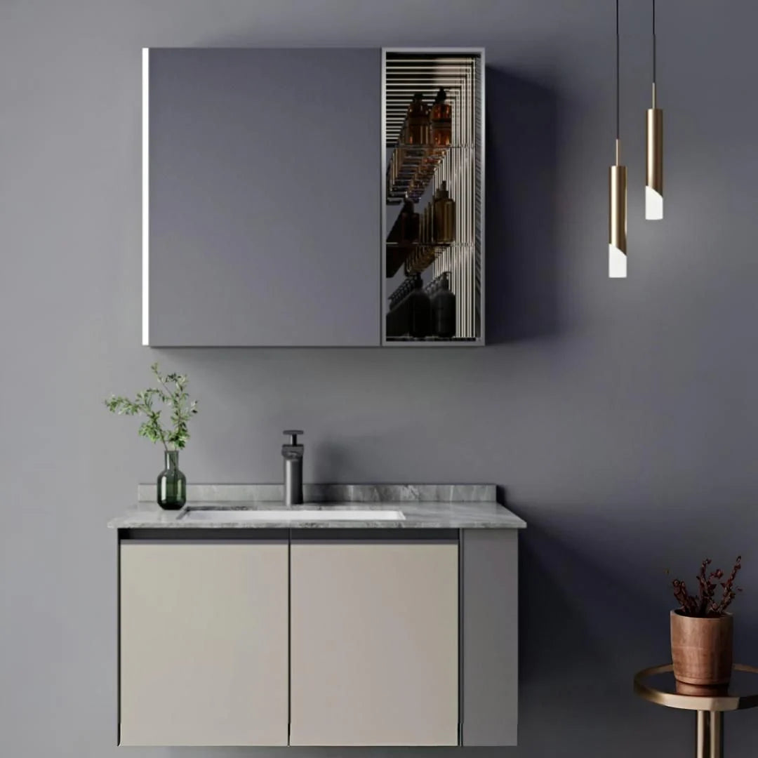 Set Mobilier pentru Baie ZAKYNTHOS, 80cm, 2 Piese, Gri si Crem