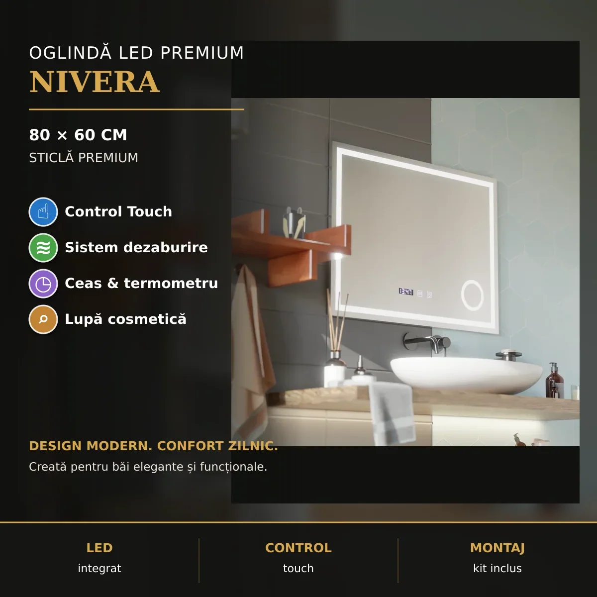 Oglindă LED Nivera 80x60 cm – prezentare premium