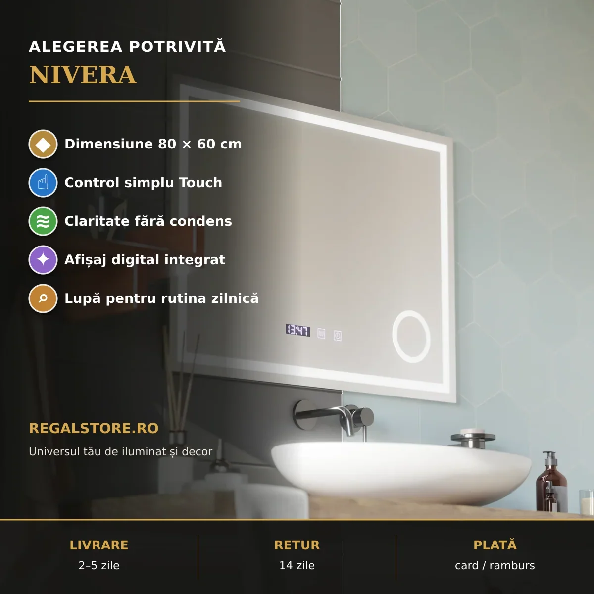 Oglindă LED Nivera 80x60 cm – beneficii