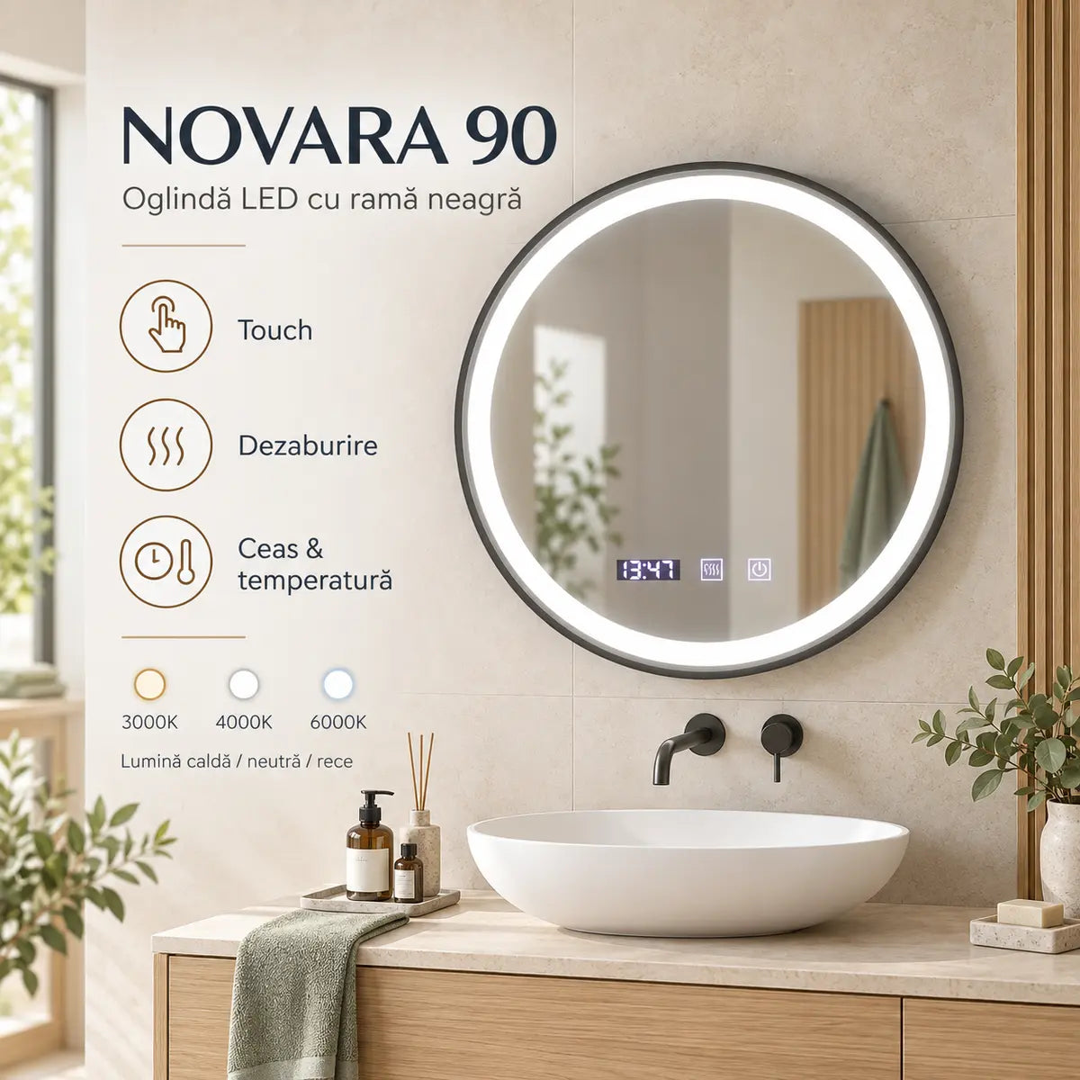 Oglindă LED Novara 90 cm – prezentare premium