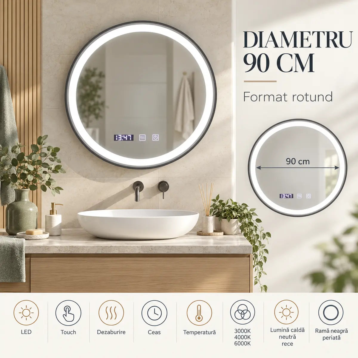 Oglindă LED Novara – diametru 90 cm
