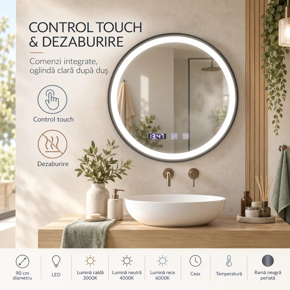 Oglindă LED Novara – touch și dezaburire