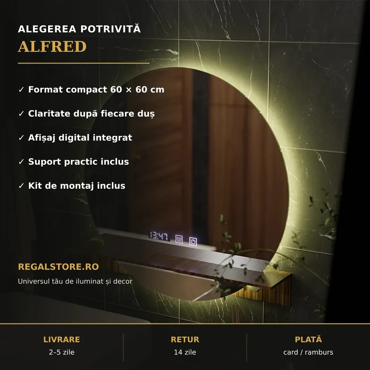 Oglindă LED Alfred 60x60 cm – beneficii principale