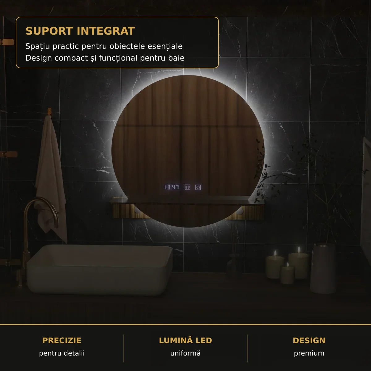 Oglindă LED Alfred 60x60 cm – detaliu premium