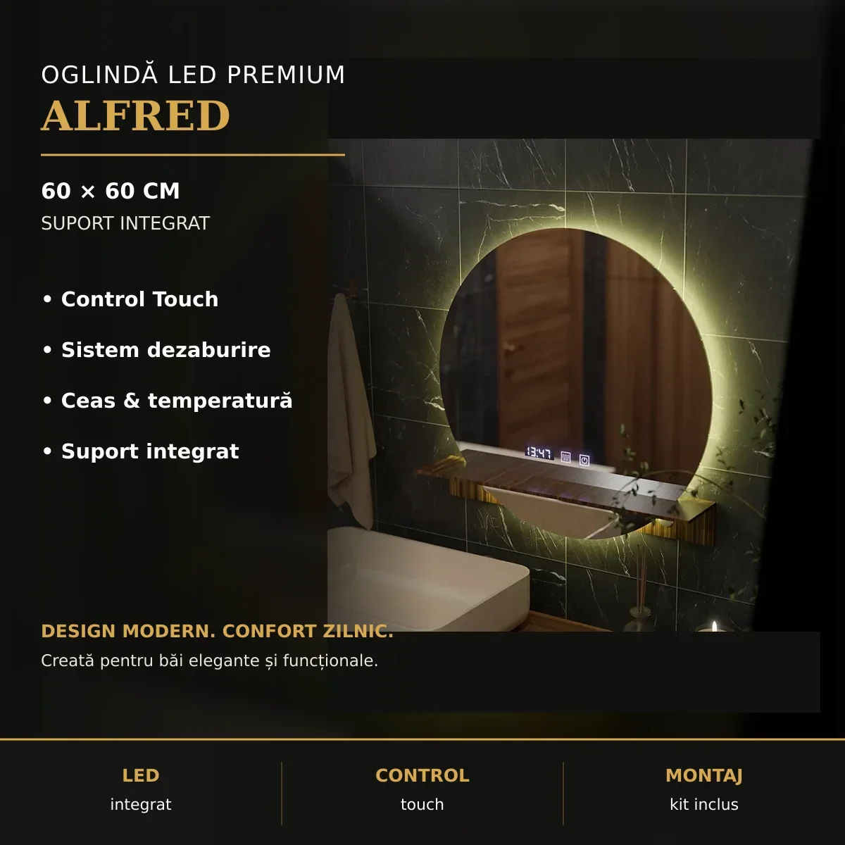 Oglindă LED Alfred 60x60 cm – imagine premium