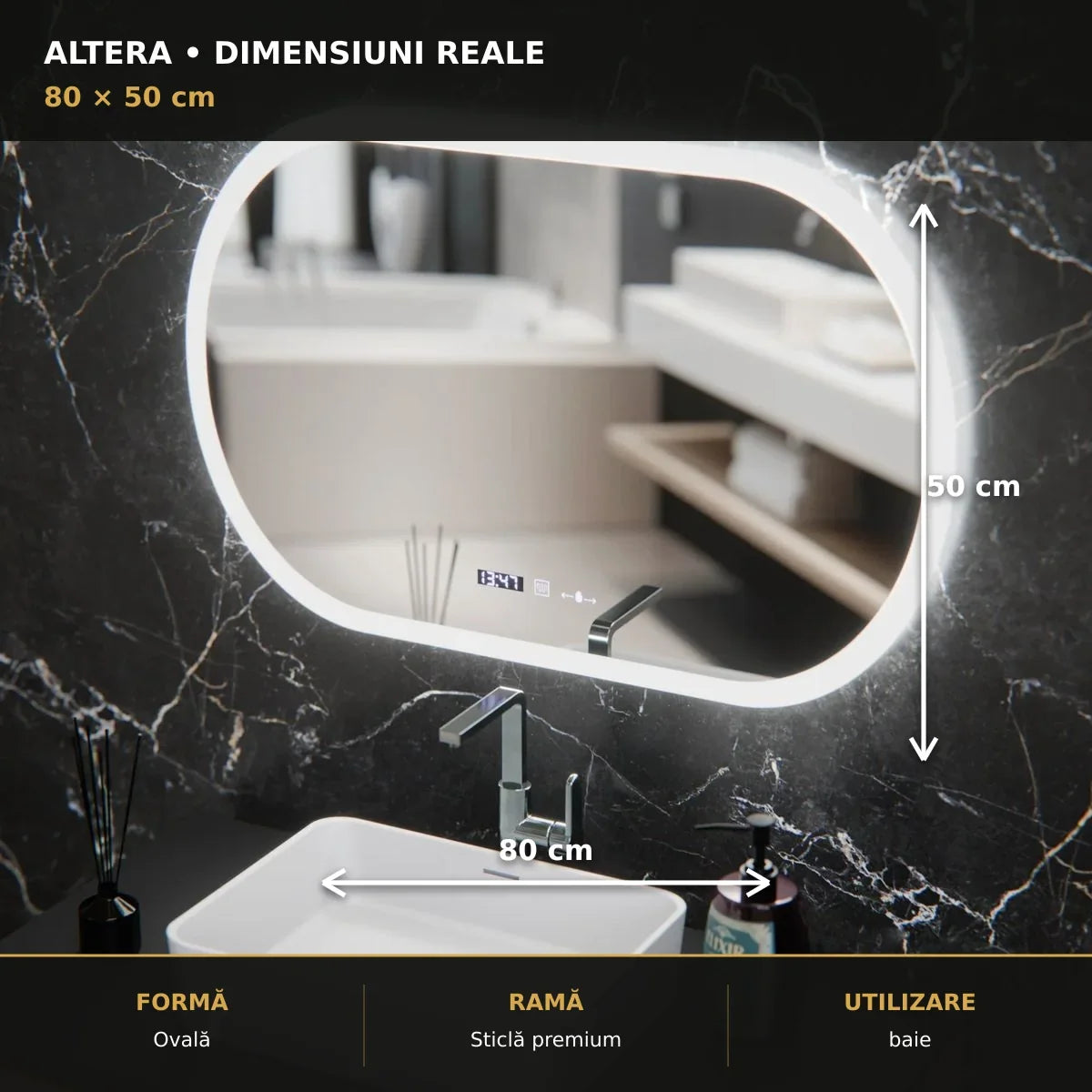 Oglindă LED Altera 80x50 cm – dimensiuni și format