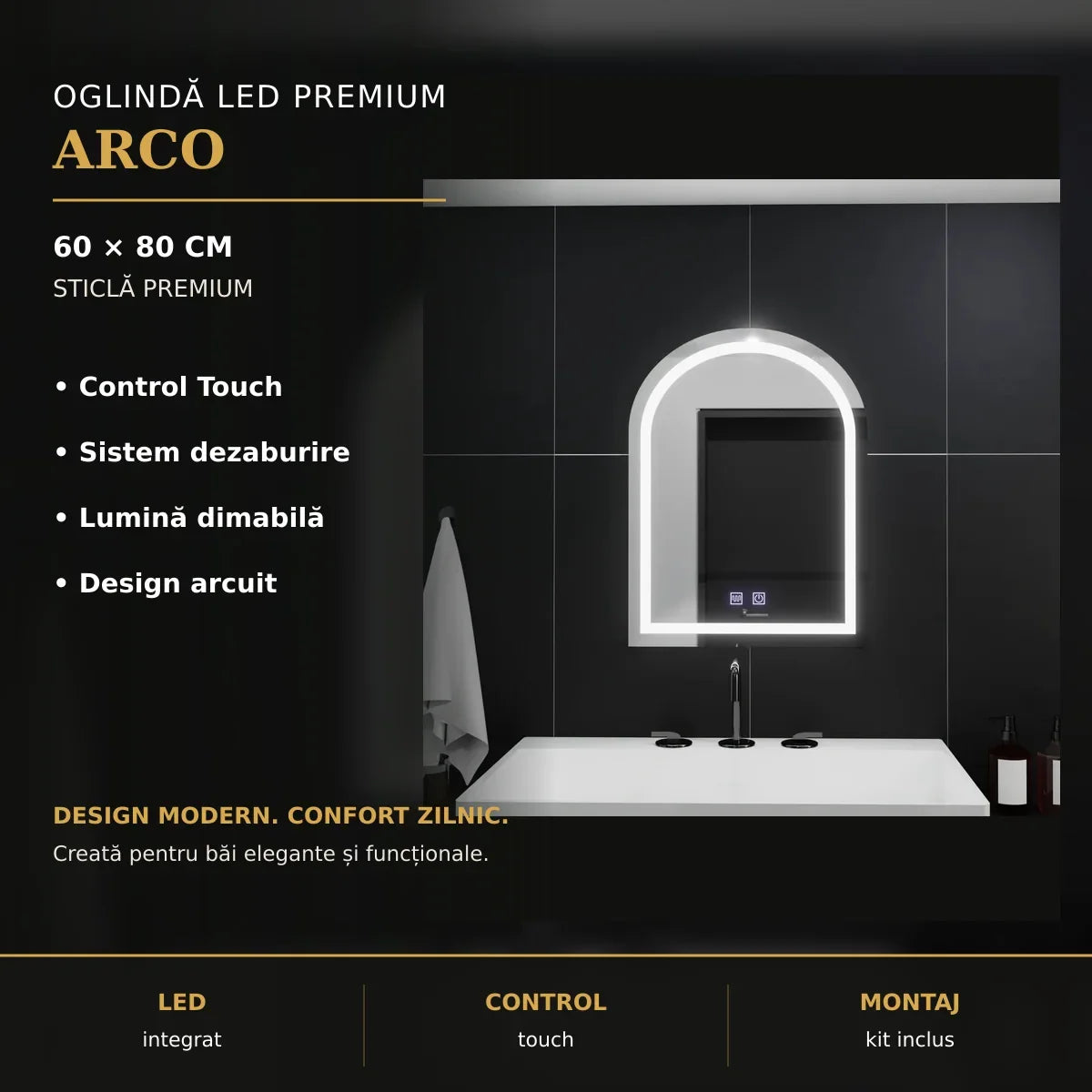 Oglindă LED Arco 60x80 cm – imagine premium