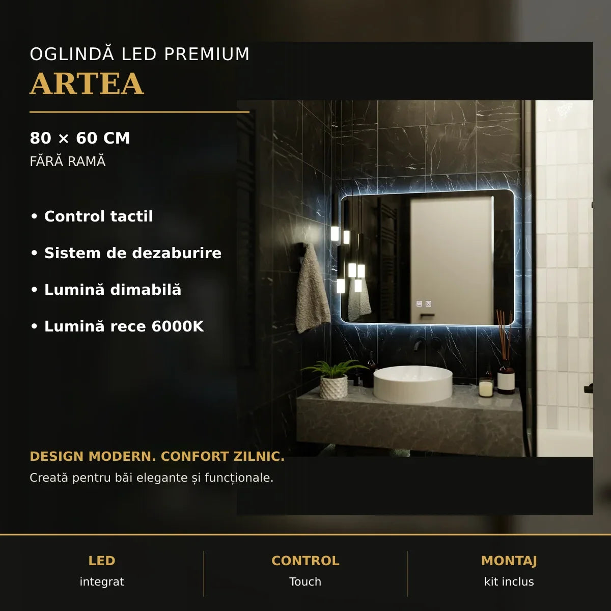 Oglindă LED ARTEA 80x60 cm – imagine premium