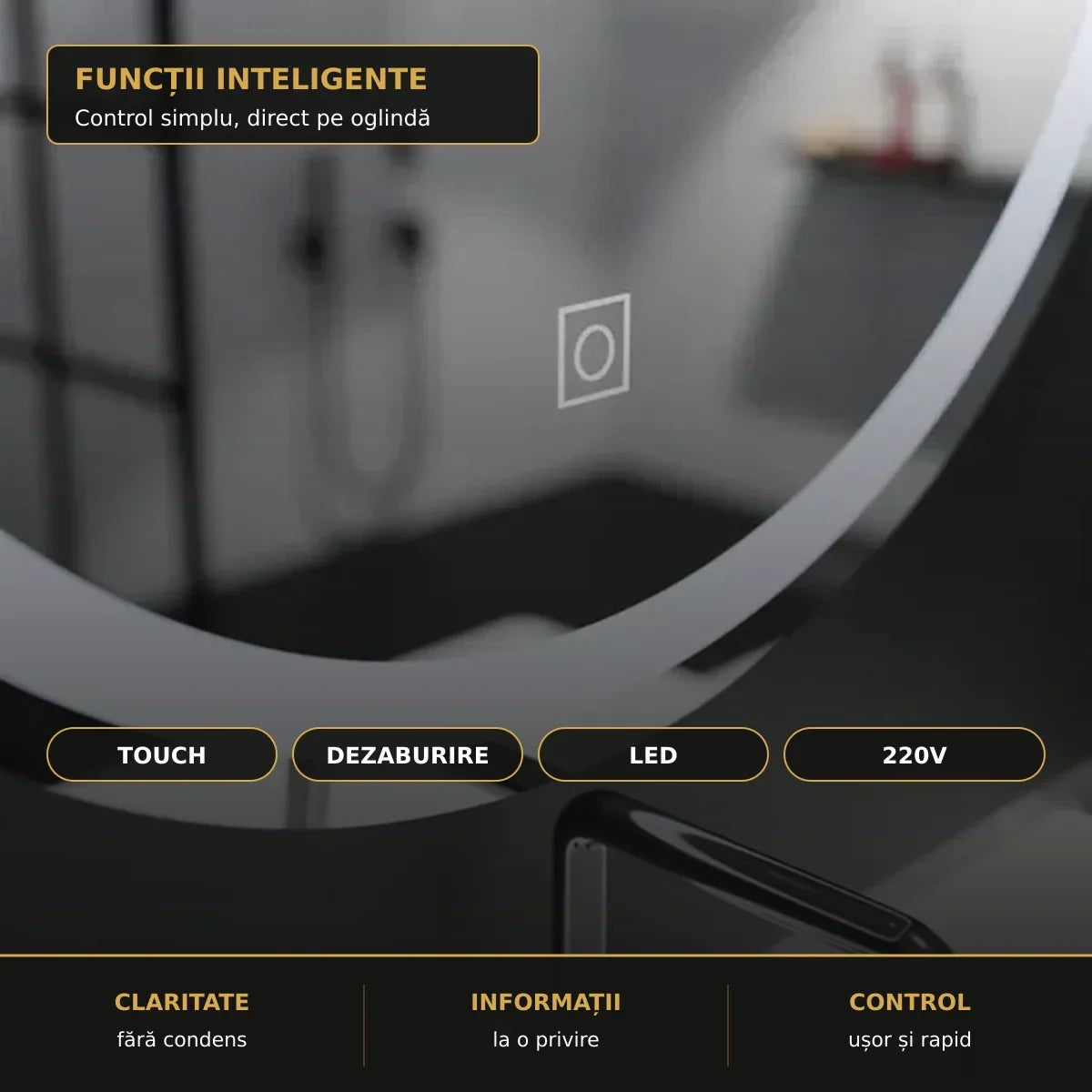 Oglindă LED Basic Touch Ø70 cm – funcții inteligente