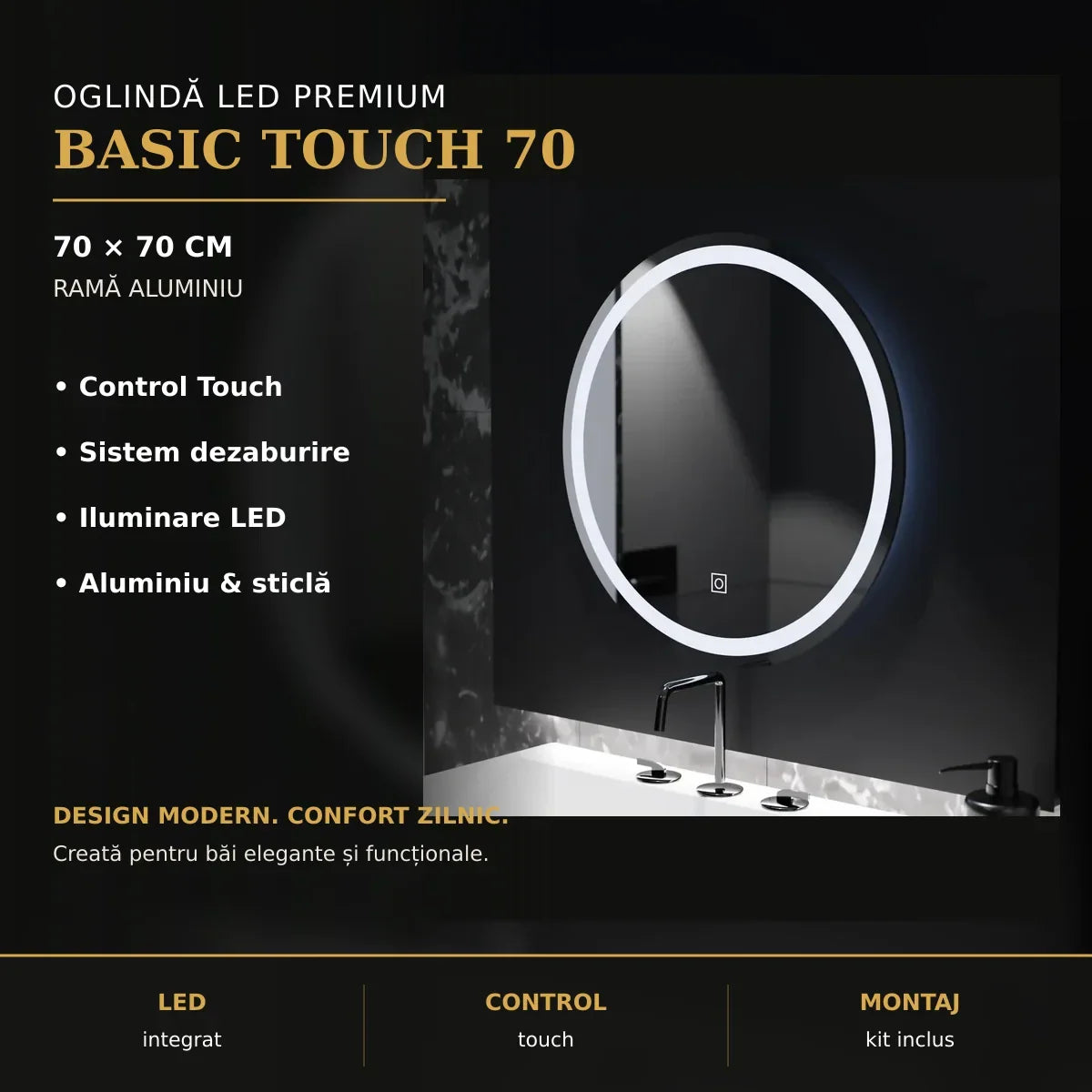 Oglindă LED Basic Touch Ø70 cm – imagine premium