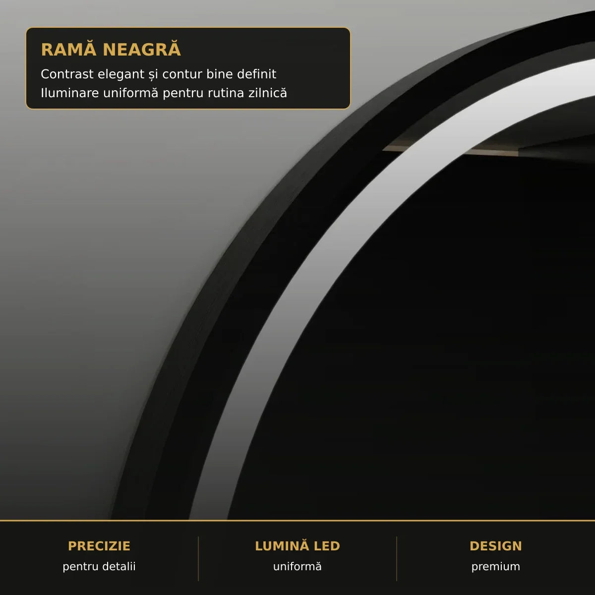 Oglindă LED Basic Touch Negru Ø60 cm – detaliu premium
