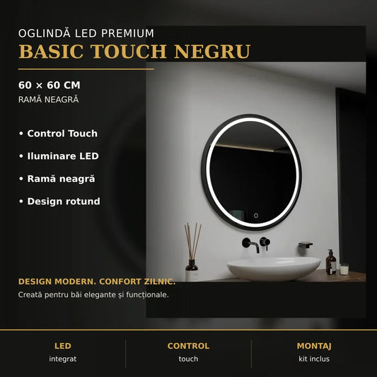 Oglindă LED Basic Touch Negru Ø60 cm – imagine premium
