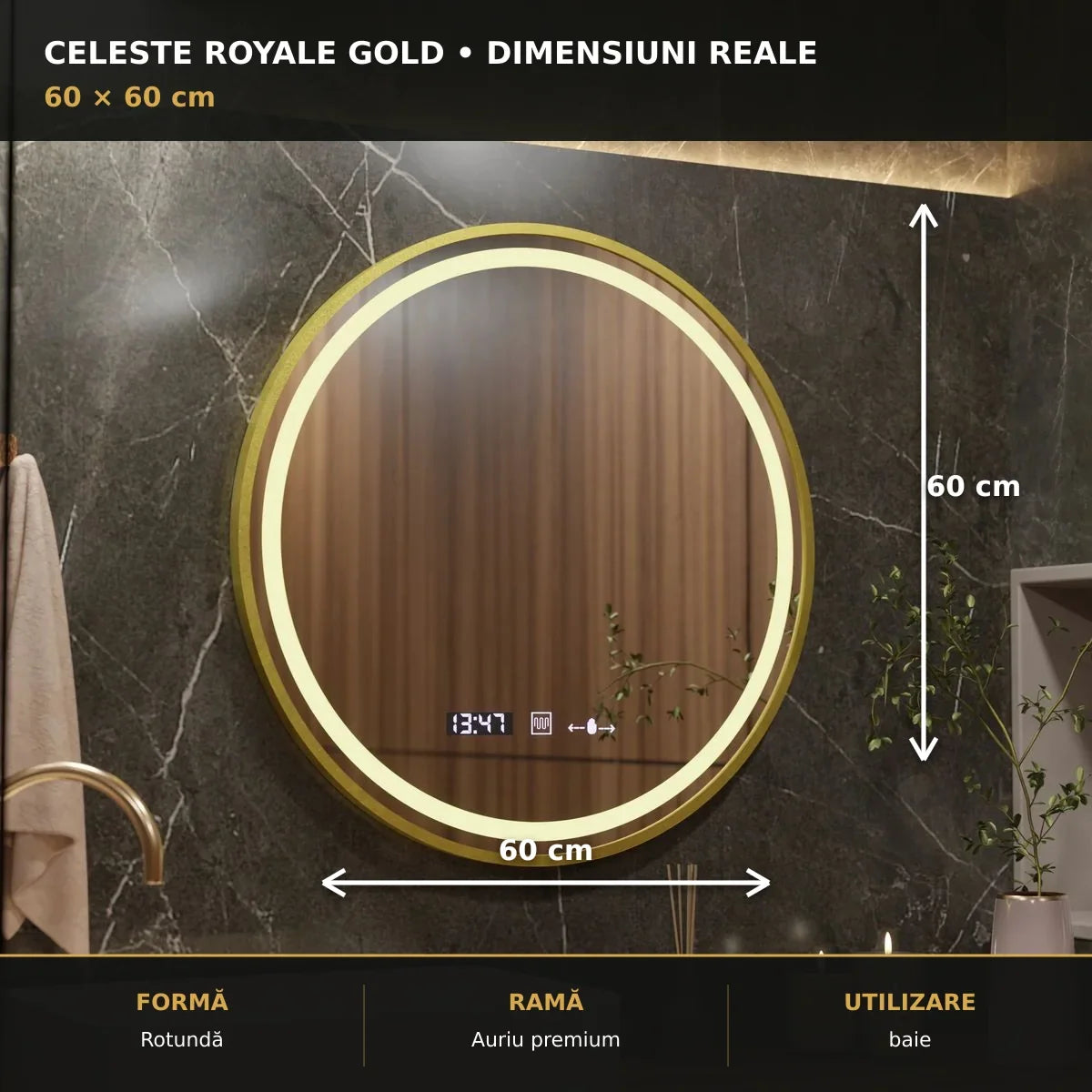 Oglindă LED Celeste Royale Gold Ø60 cm – dimensiuni și format