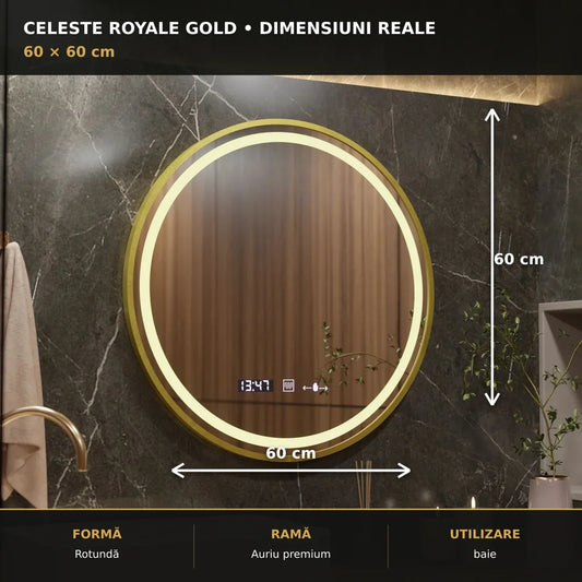 Oglindă LED Celeste Royale Gold Ø60 cm – dimensiuni și format