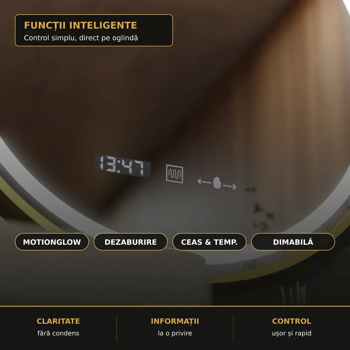 Oglindă LED Celeste Royale Gold Ø60 cm – funcții inteligente