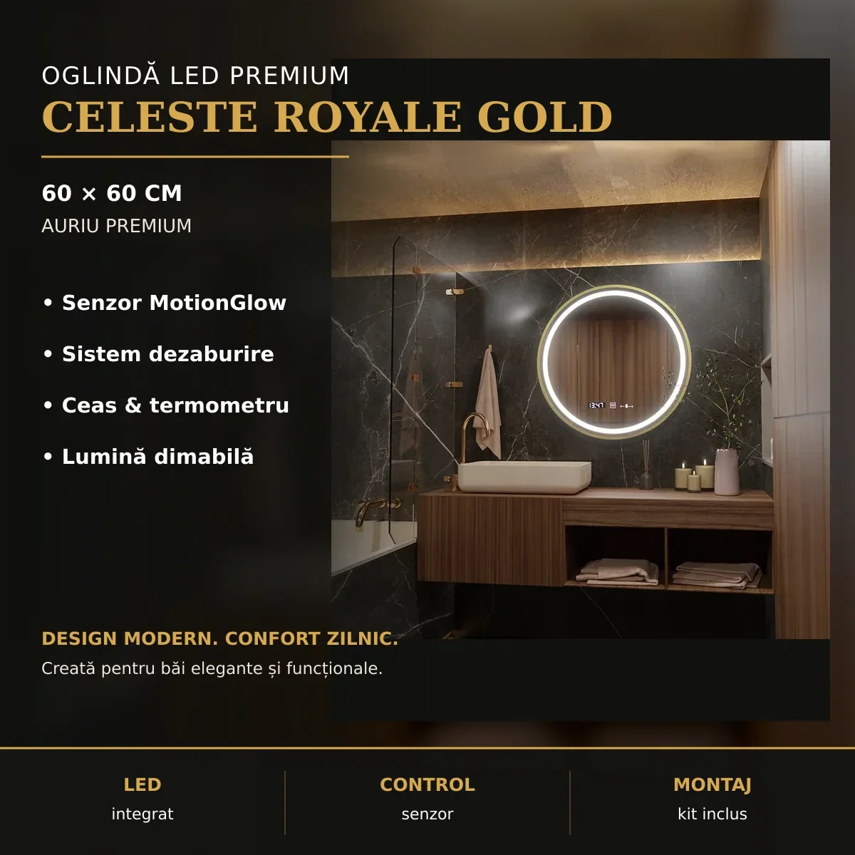 Oglindă LED Celeste Royale Gold Ø60 cm – imagine premium