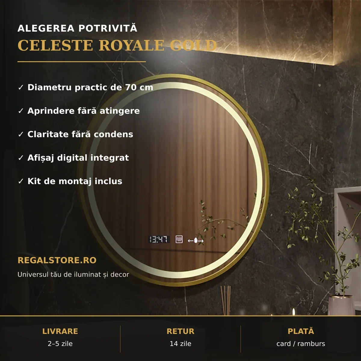 Oglindă LED Celeste Royale Gold Ø70 cm – beneficii principale