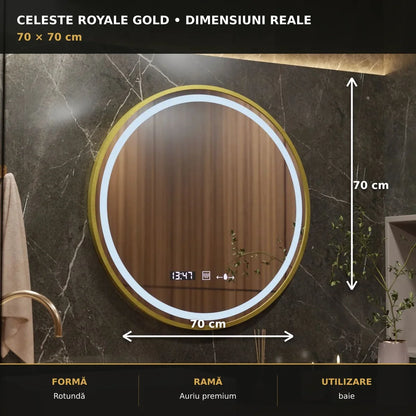 Oglindă LED Celeste Royale Gold Ø70 cm – dimensiuni și format