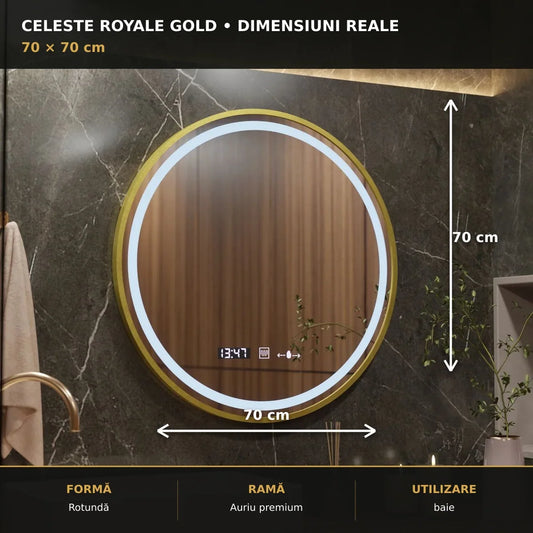 Oglindă LED Celeste Royale Gold Ø70 cm – dimensiuni și format