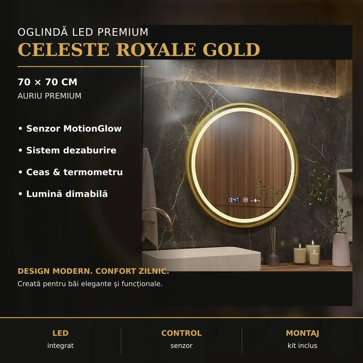 Oglindă LED Celeste Royale Gold Ø70 cm – imagine premium