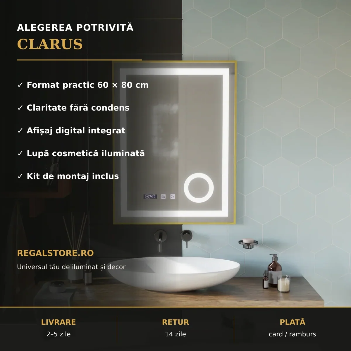 Oglindă LED Clarus 60x80 cm – beneficii principale
