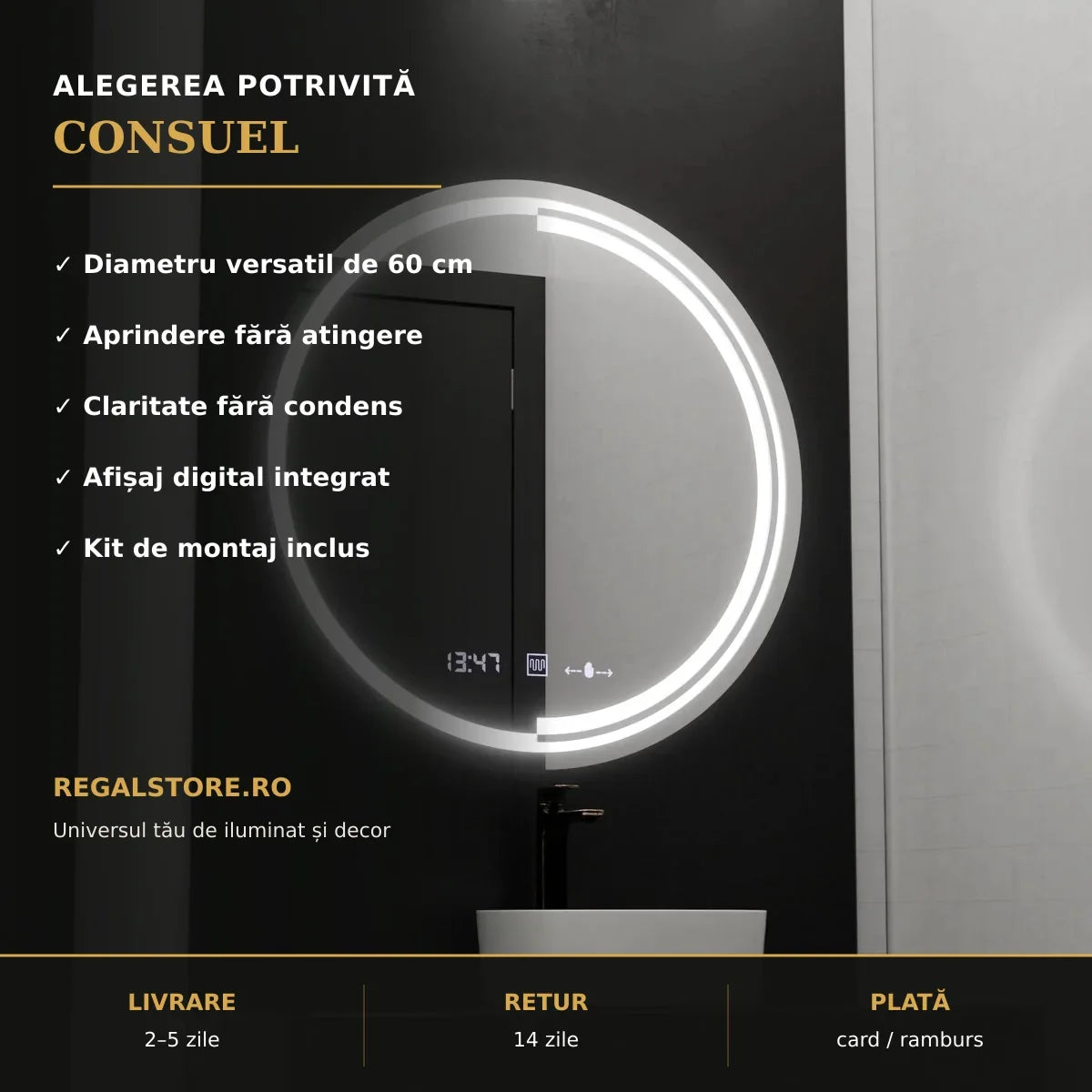 Oglindă LED Consuel Ø60 cm – beneficii principale