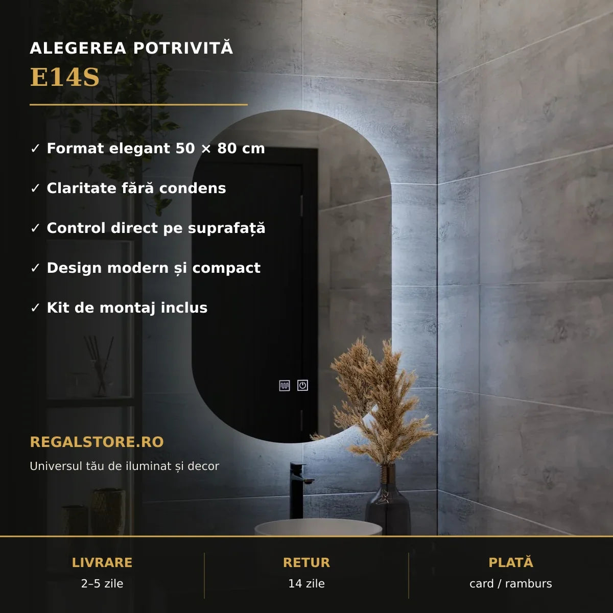 Oglindă LED E14S 50x80 cm – beneficii principale
