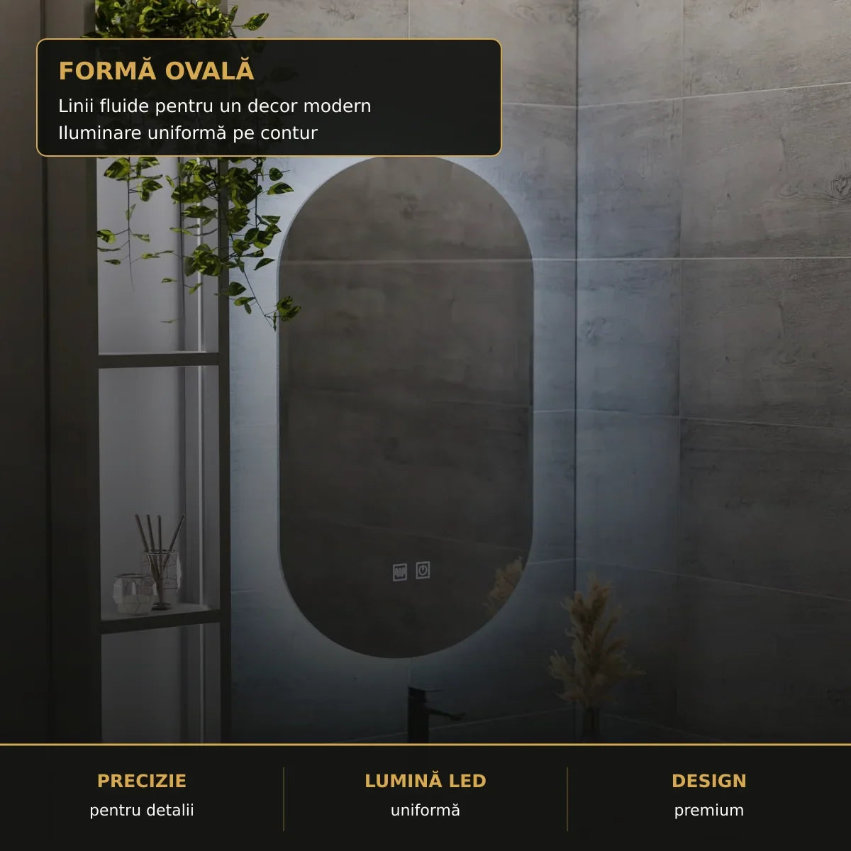Oglindă LED E14S 50x80 cm – detaliu premium