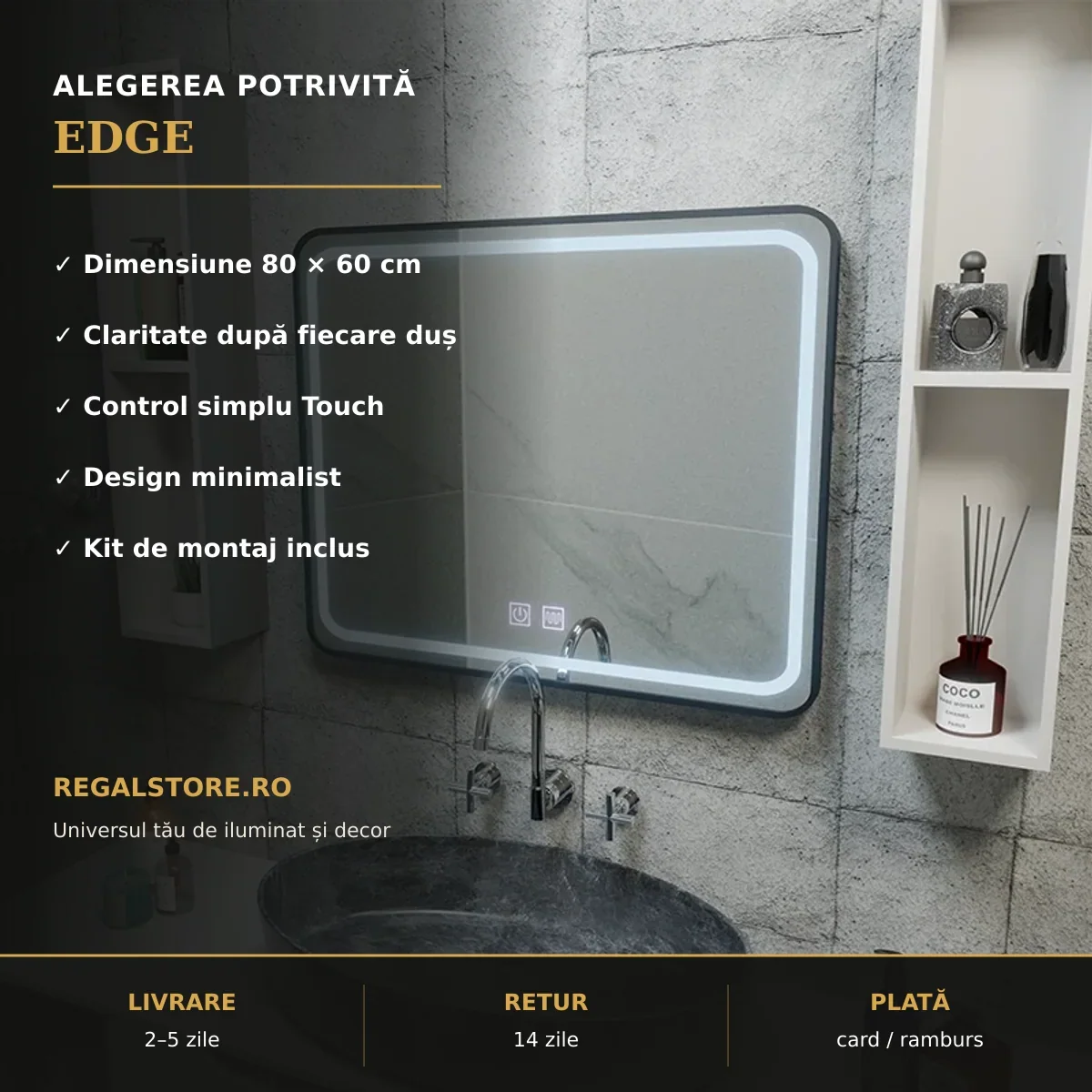 Oglindă LED EDGE 80x60 cm – beneficii principale