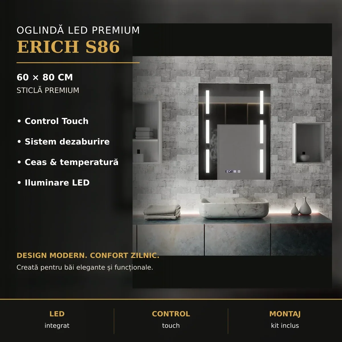 Oglindă LED Erich S86 60x80 cm – imagine premium