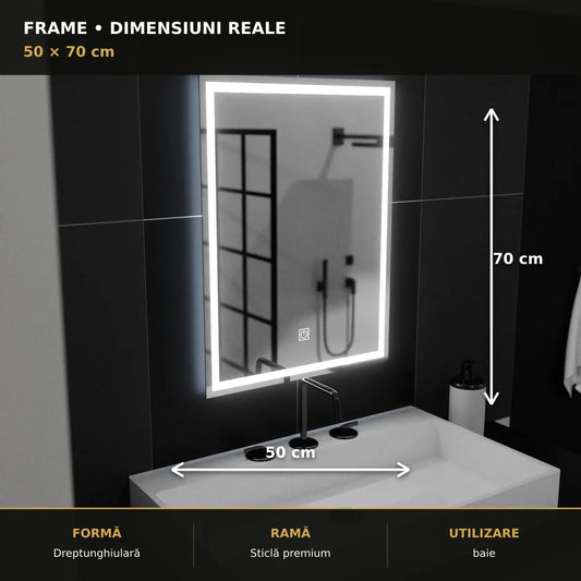 Oglindă LED FRAME 50x70 cm – dimensiuni și format