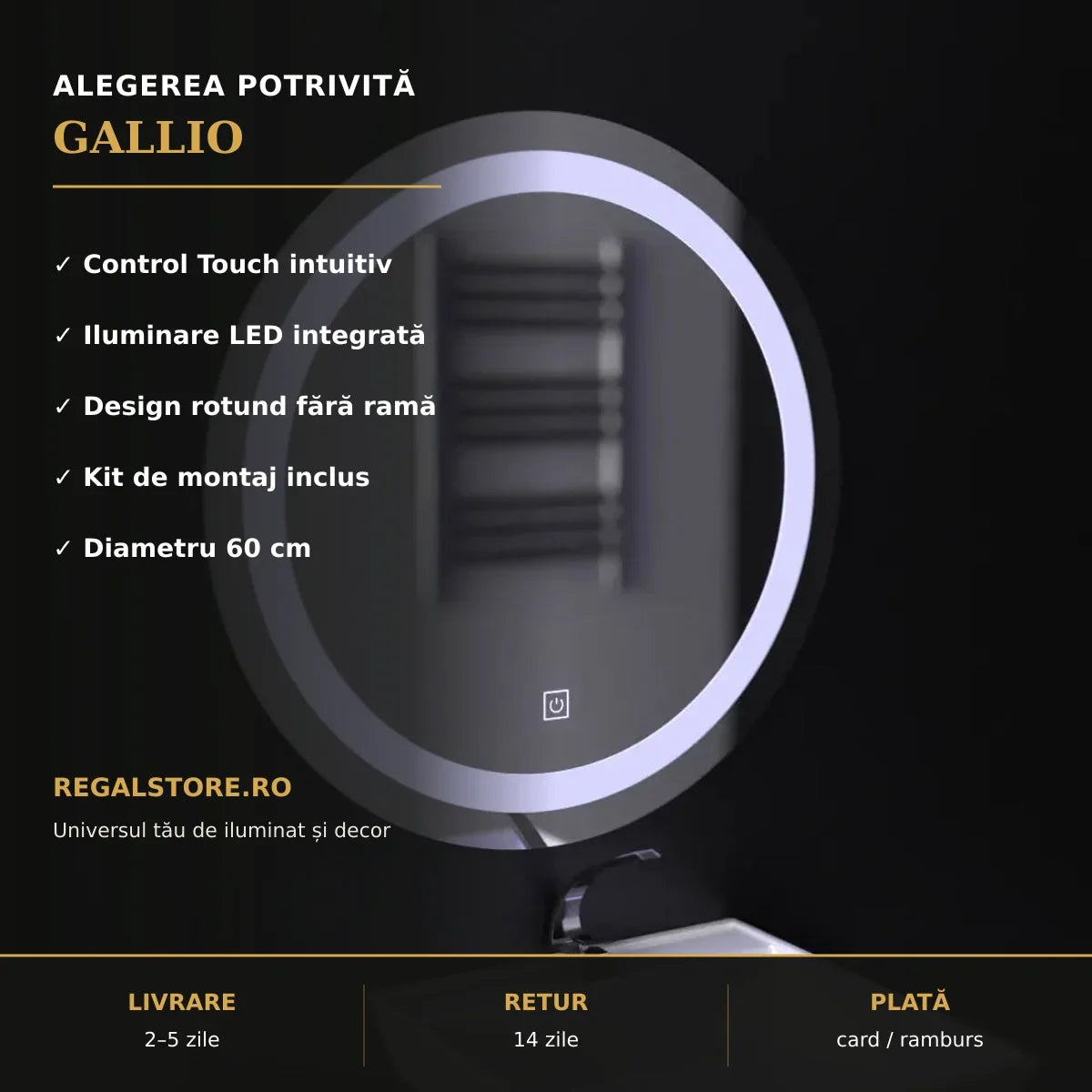Beneficii oglindă LED Gallio Ø60 cm