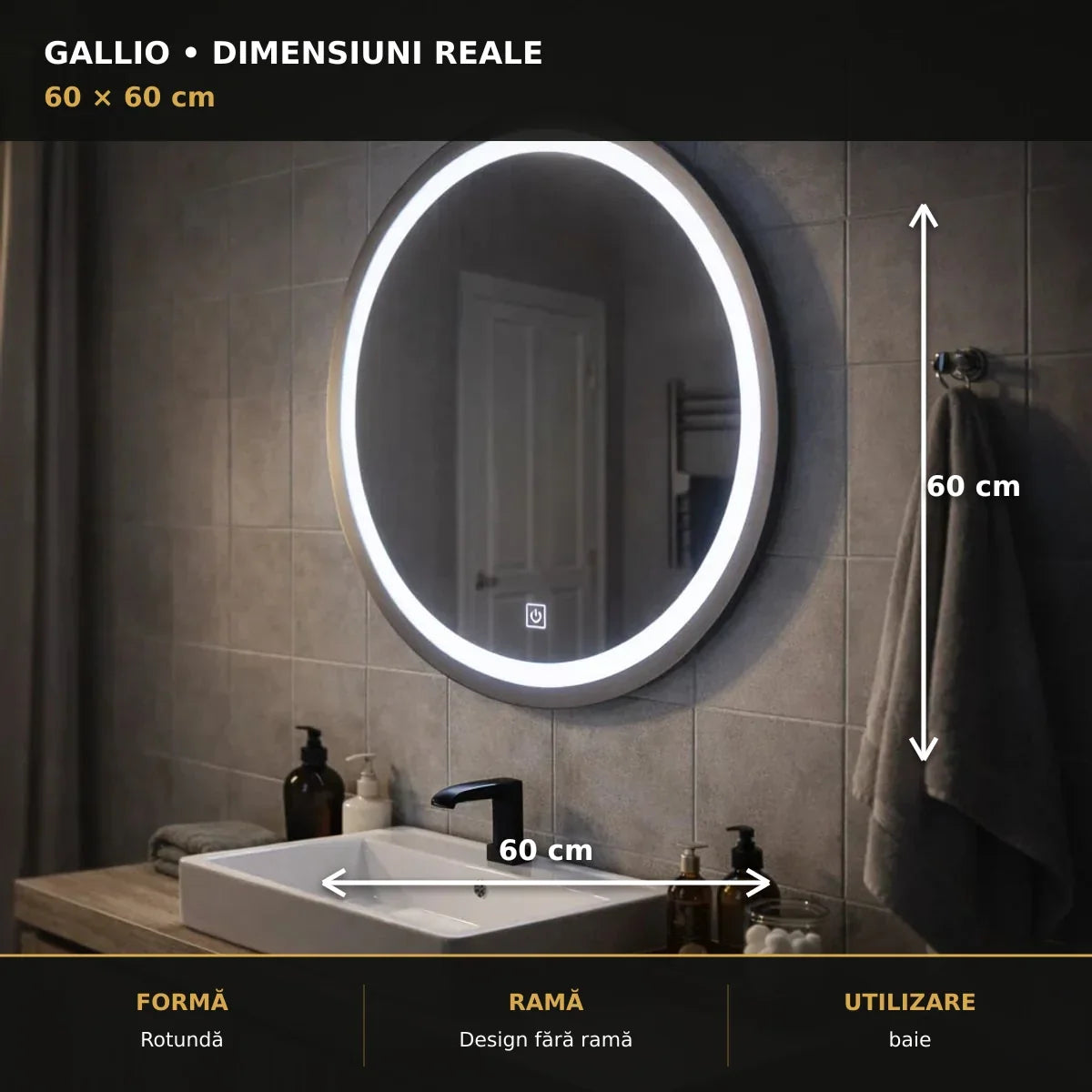 Dimensiuni oglindă LED Gallio 60x60 cm