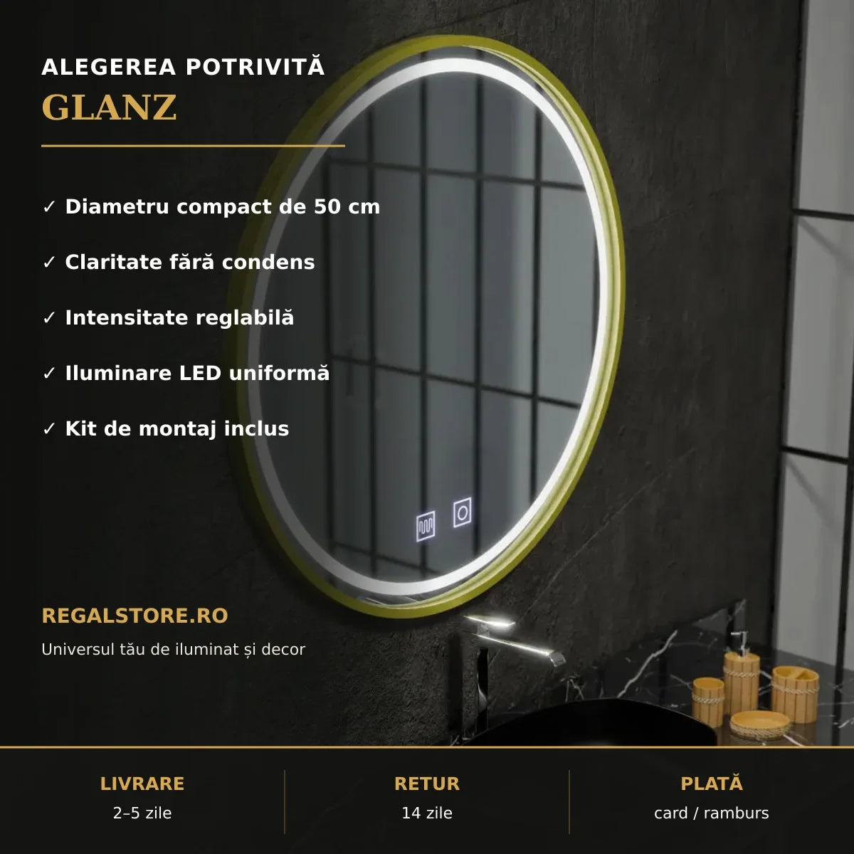 Oglindă LED Glanz Ø50 cm – beneficii principale