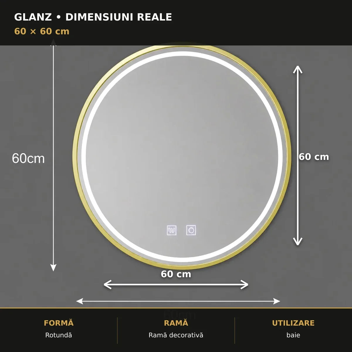 Dimensiuni oglindă LED Glanz 60x60 cm