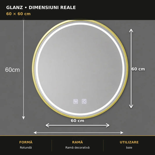 Dimensiuni oglindă LED Glanz 60x60 cm