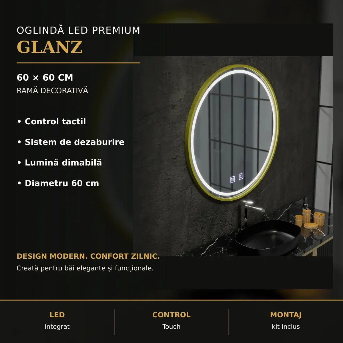 Oglindă LED Glanz Ø60 cm – imagine premium