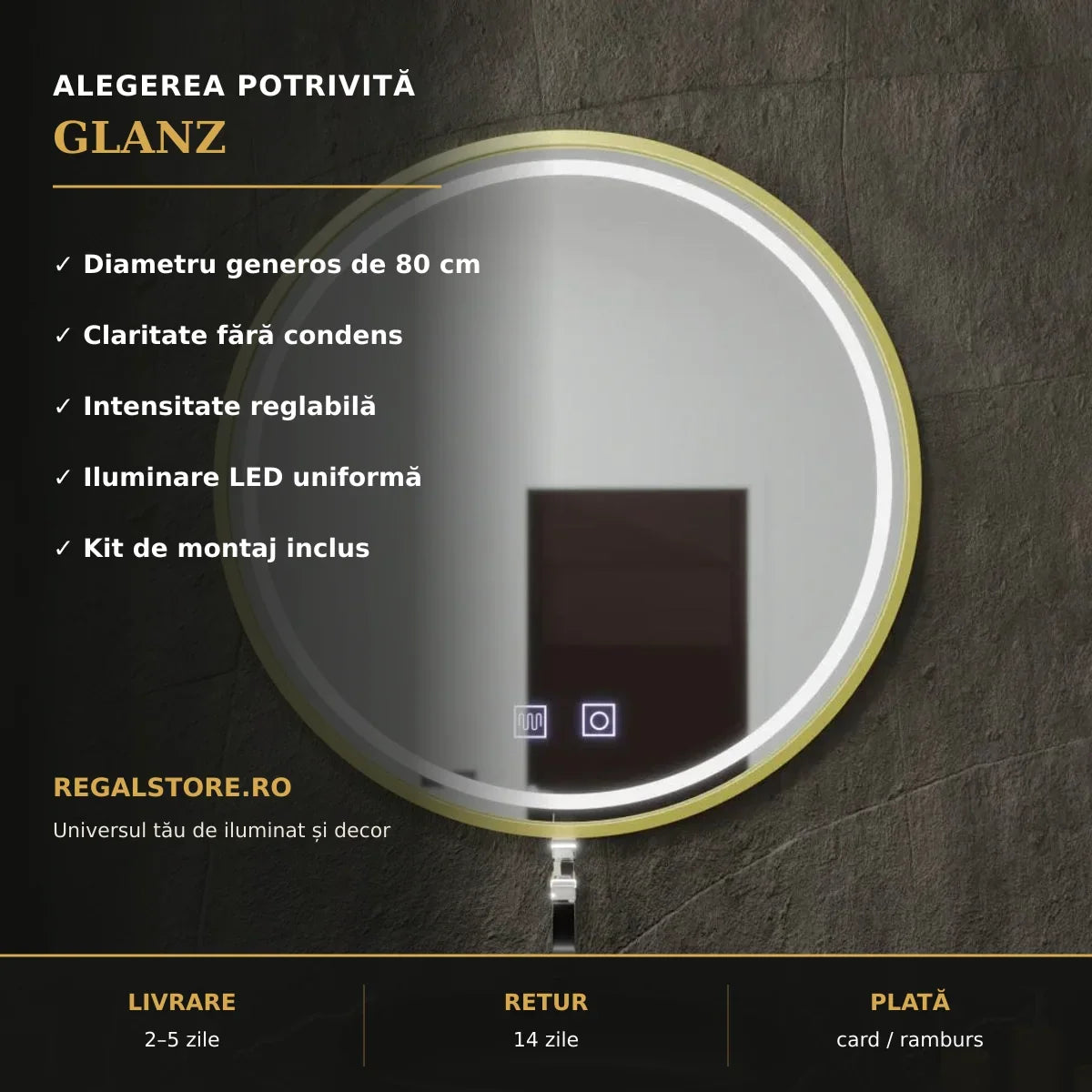 Oglindă LED Glanz Ø80 cm – beneficii principale
