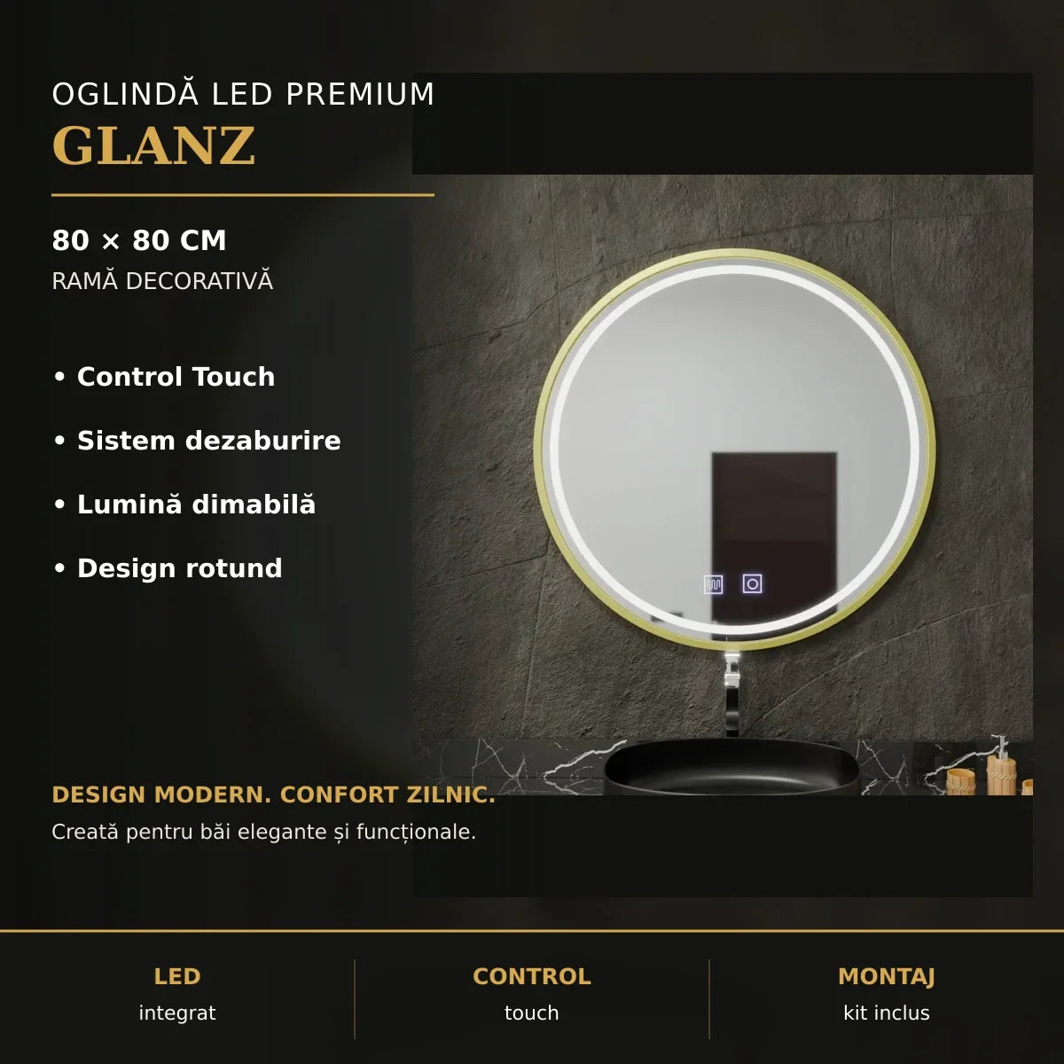 Oglindă LED Glanz Ø80 cm – imagine premium