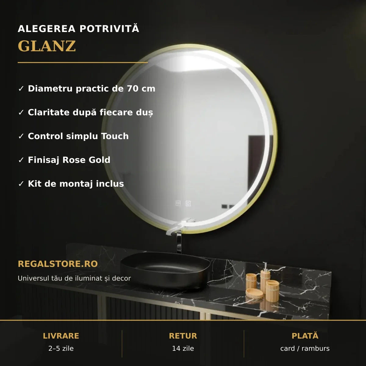 Oglindă LED Glanz Ø70 cm – beneficii principale
