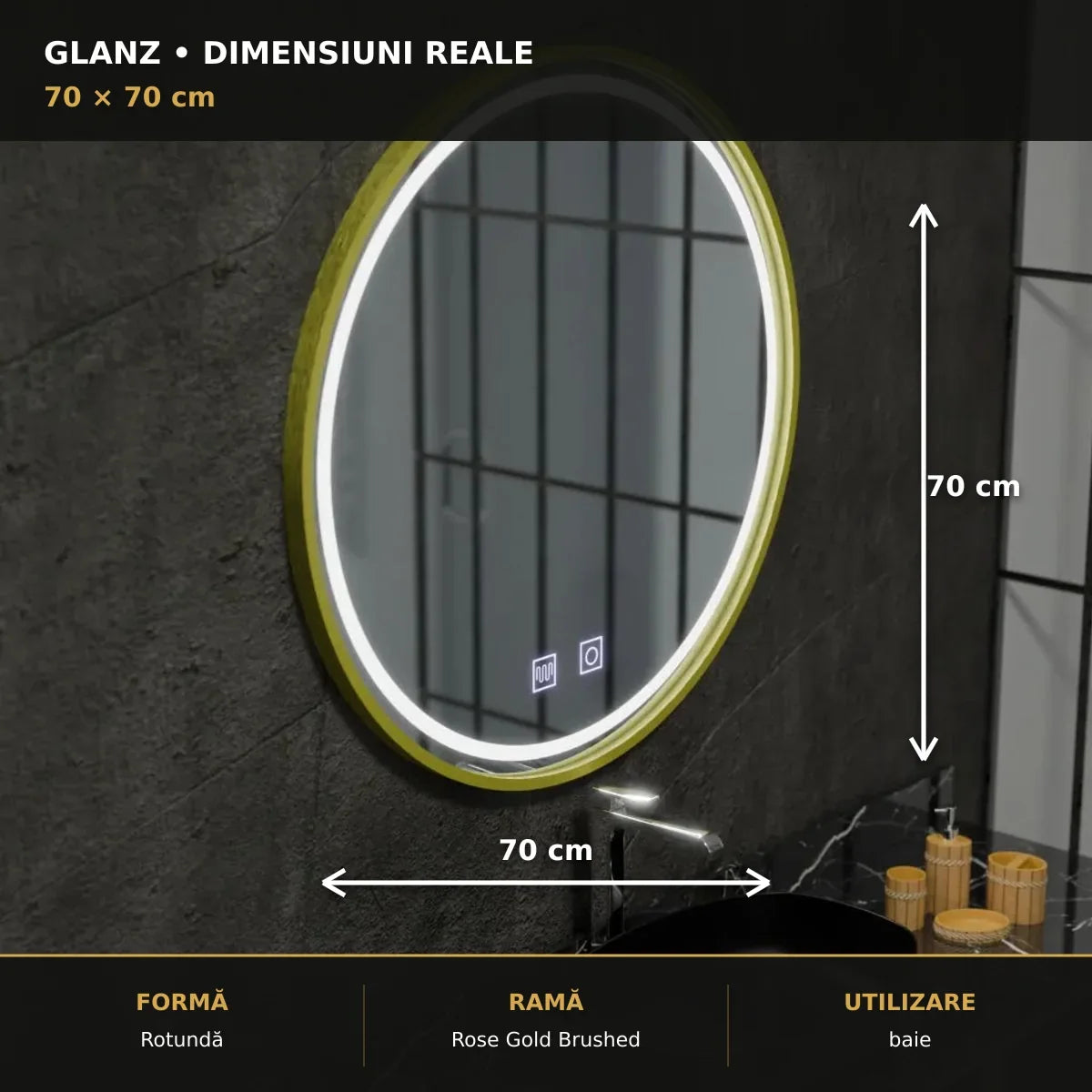 Oglindă LED Glanz Ø70 cm – dimensiuni și format