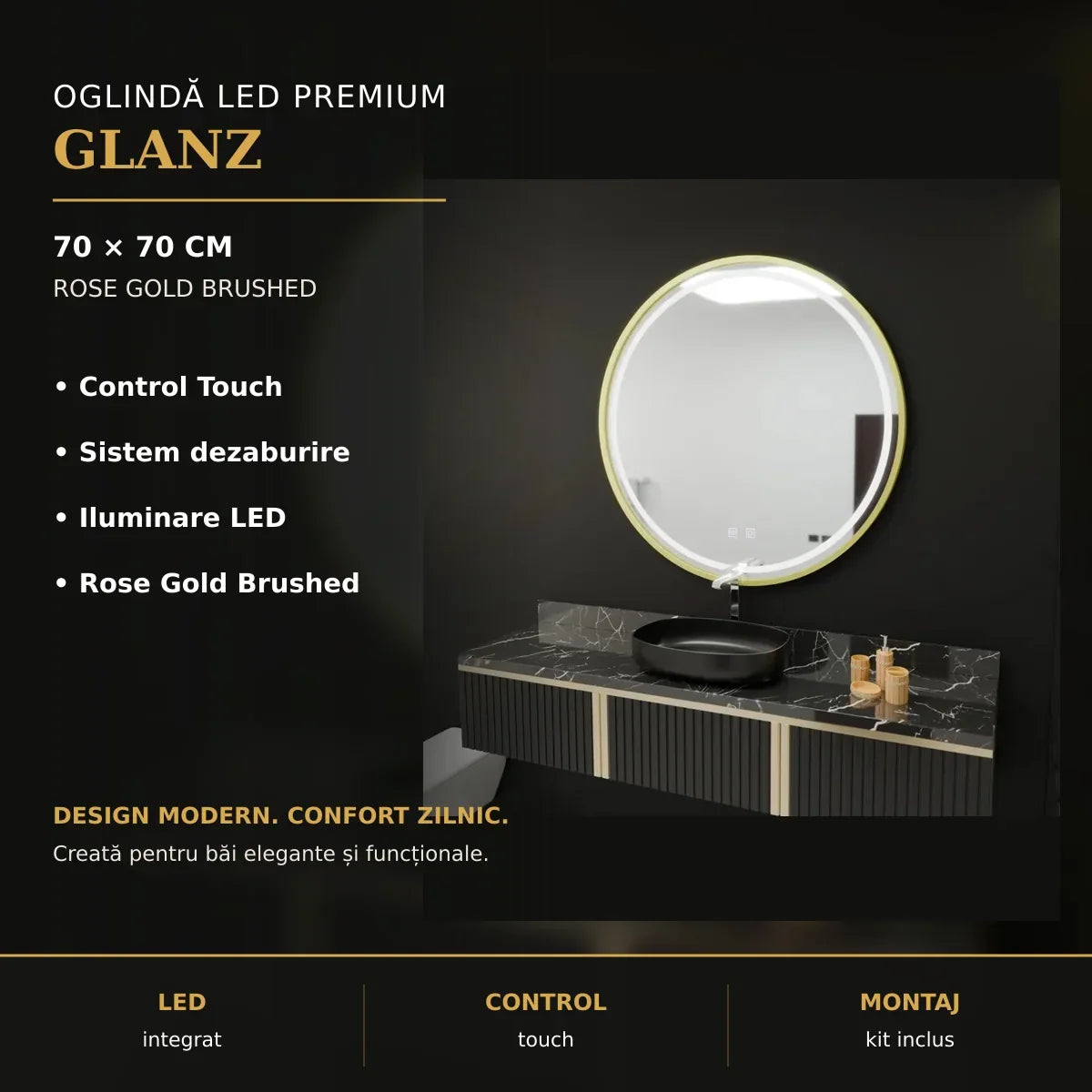 Oglindă LED Glanz Ø70 cm – imagine premium
