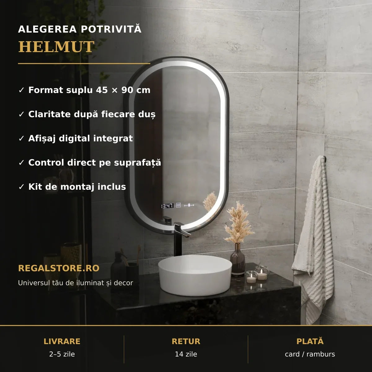 Oglindă LED Helmut 45x90 cm – beneficii principale