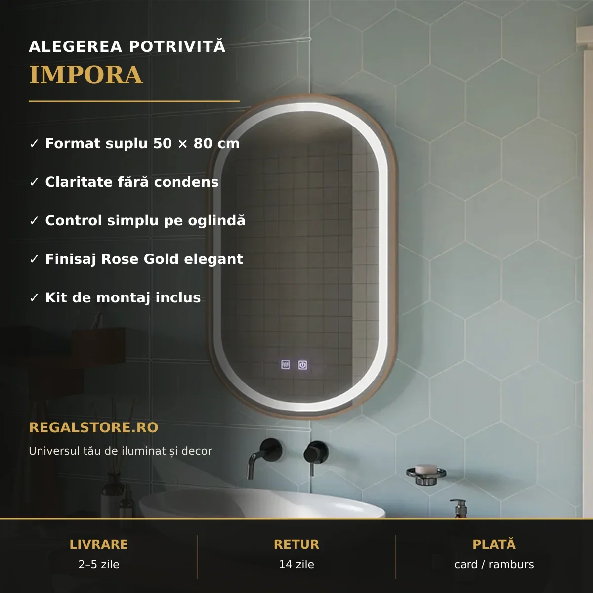 Oglindă LED Impora 50x80 cm – beneficii principale