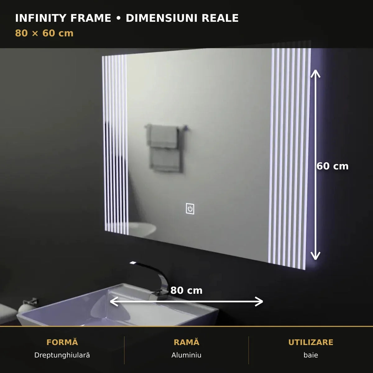 Oglindă LED Infinity Frame 80x60 cm – dimensiuni și format